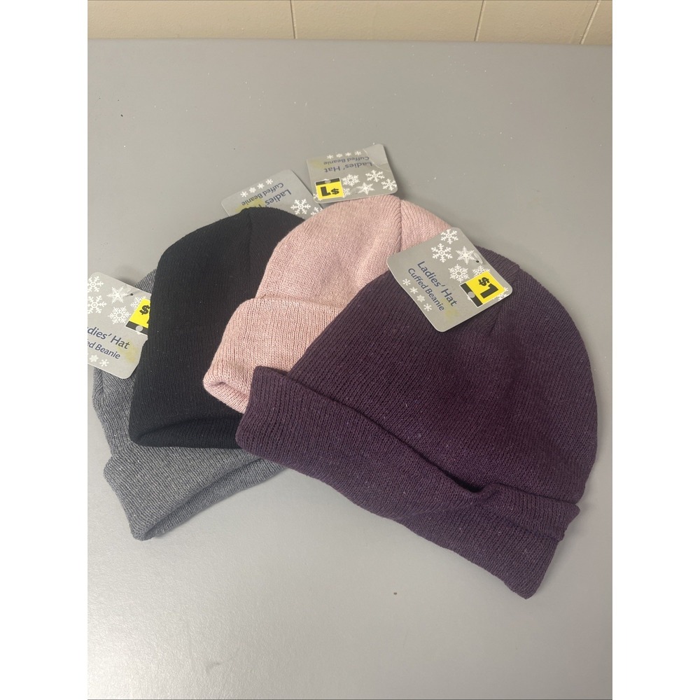 4 Pack Women's Hat Beanie Cuffed Gray, Black, Pink, Purple Winter Snow Warm